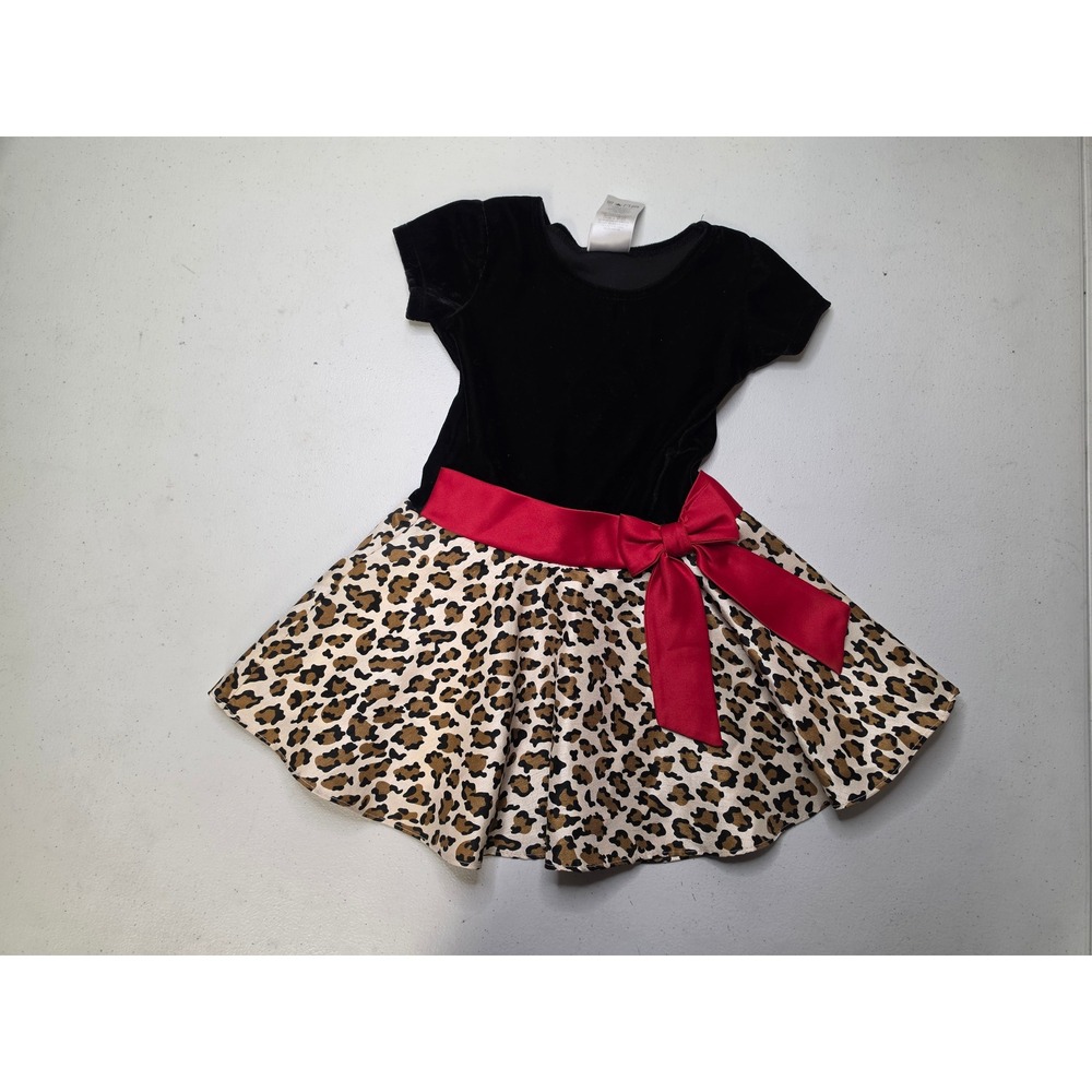 Jessica Ann Toddler Girls Black Velvet Leopard Print Dress Red Bow 24M